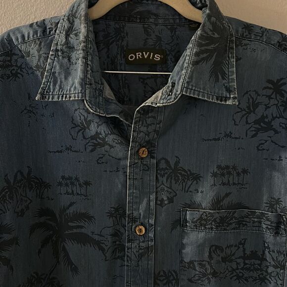 Men’s Orvis Denim Hawaiian‎ Short Sleeve Button Down Large - Picture 2 of 4